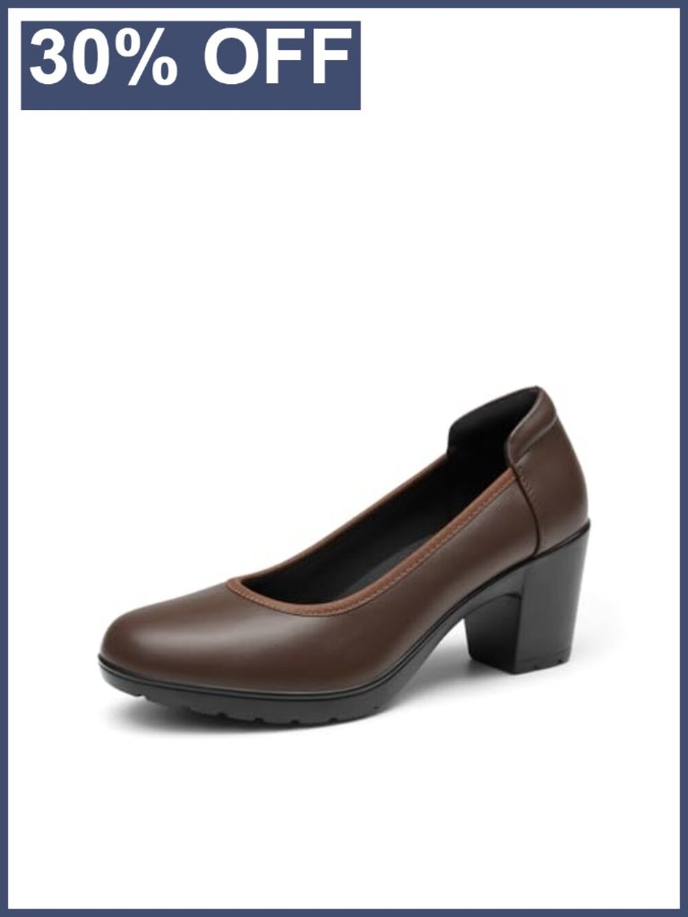 Chunky Round Toe Heeled Pumps Faux Leather Low Block Heel Work Shoes